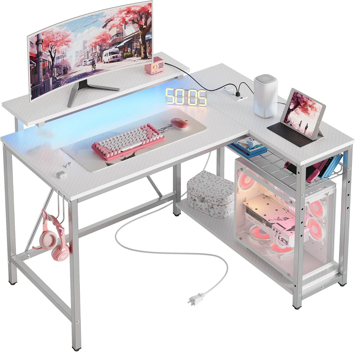 Bestier 42-Inch Pink L-Shaped Gaming Desk with Charging & LED