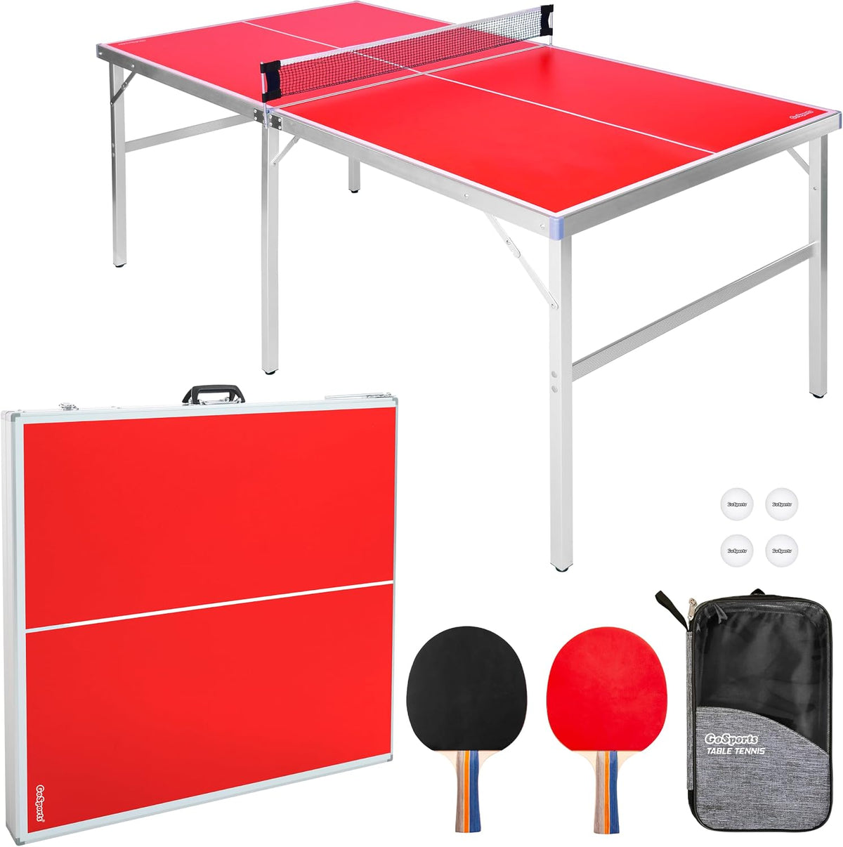 GoSports Mid-Size Table Tennis Game Set - Red or Blue - Indoor/Outdoor Portable Table Tennis Game with Net, 2 Table Tennis Paddles and 4 Balls