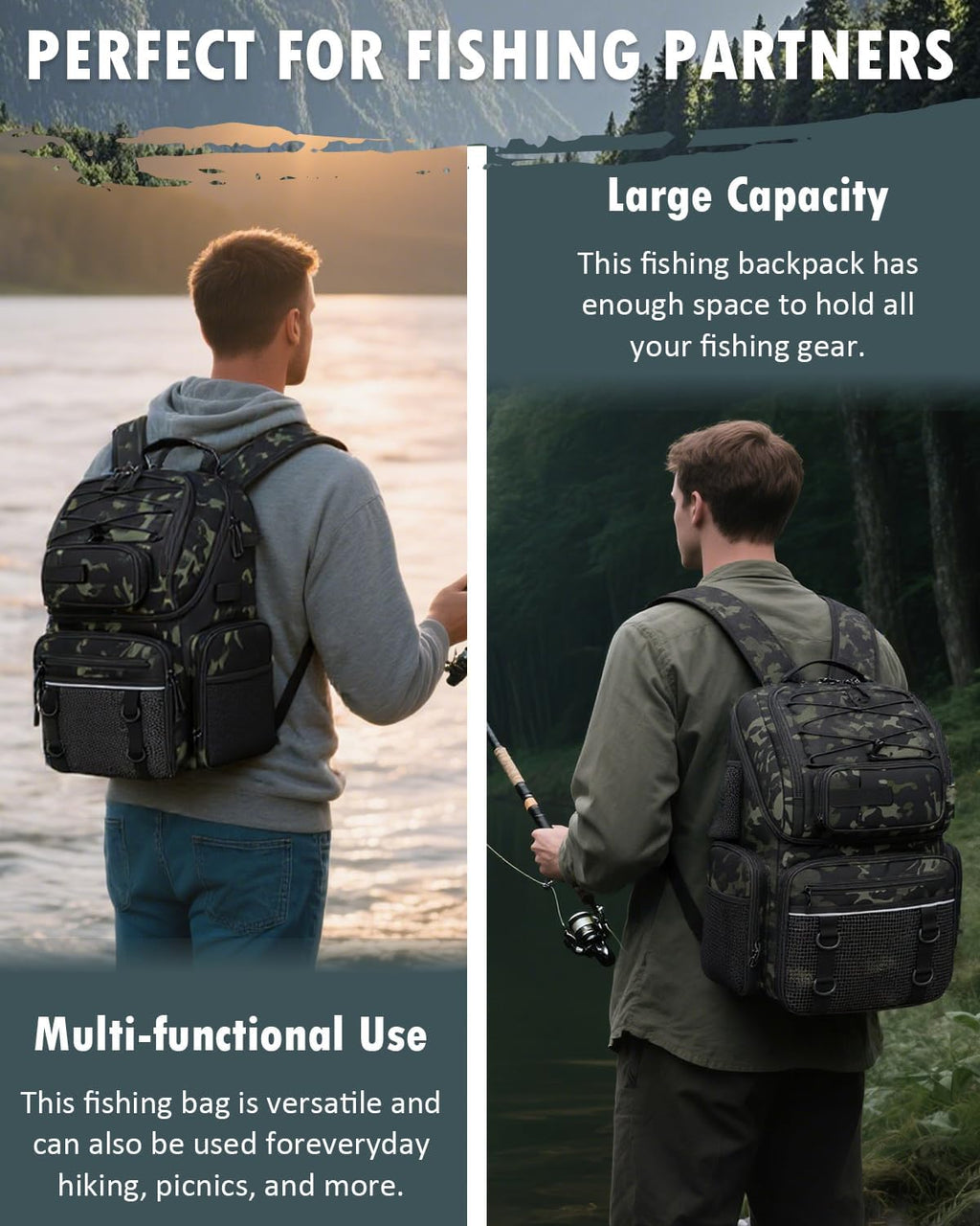 HAMBOLY 50L Fishing Backpack with Tackle Boxes, Cooler & Rod Holders
