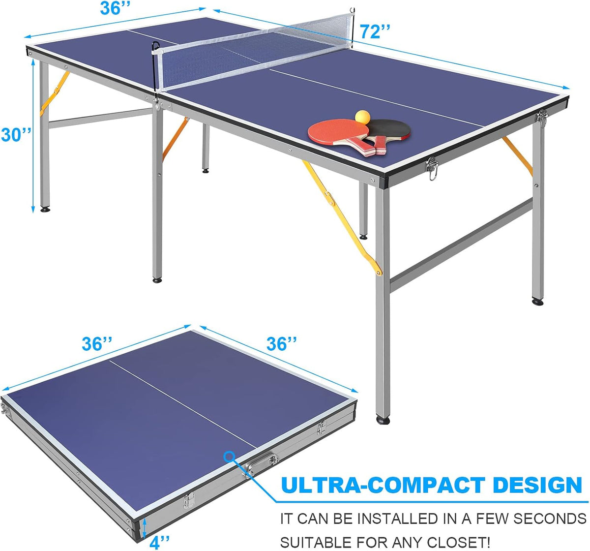 6x3ft Mid-Size Professional Portable Folding Ping Pong Table