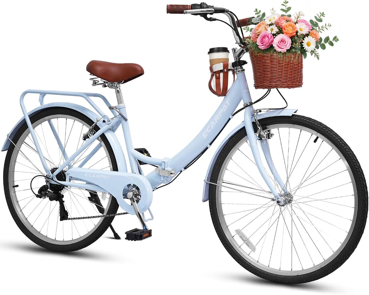 Ecarpat 26 Inch Folding Beach Cruiser Bike for Women, 7 Speed Comfortable City Bike with Rear Rack, Cup Holder and Basket, Steel Frame Commuter Foldable Bicycle with Dual V-Brakes for Adults
