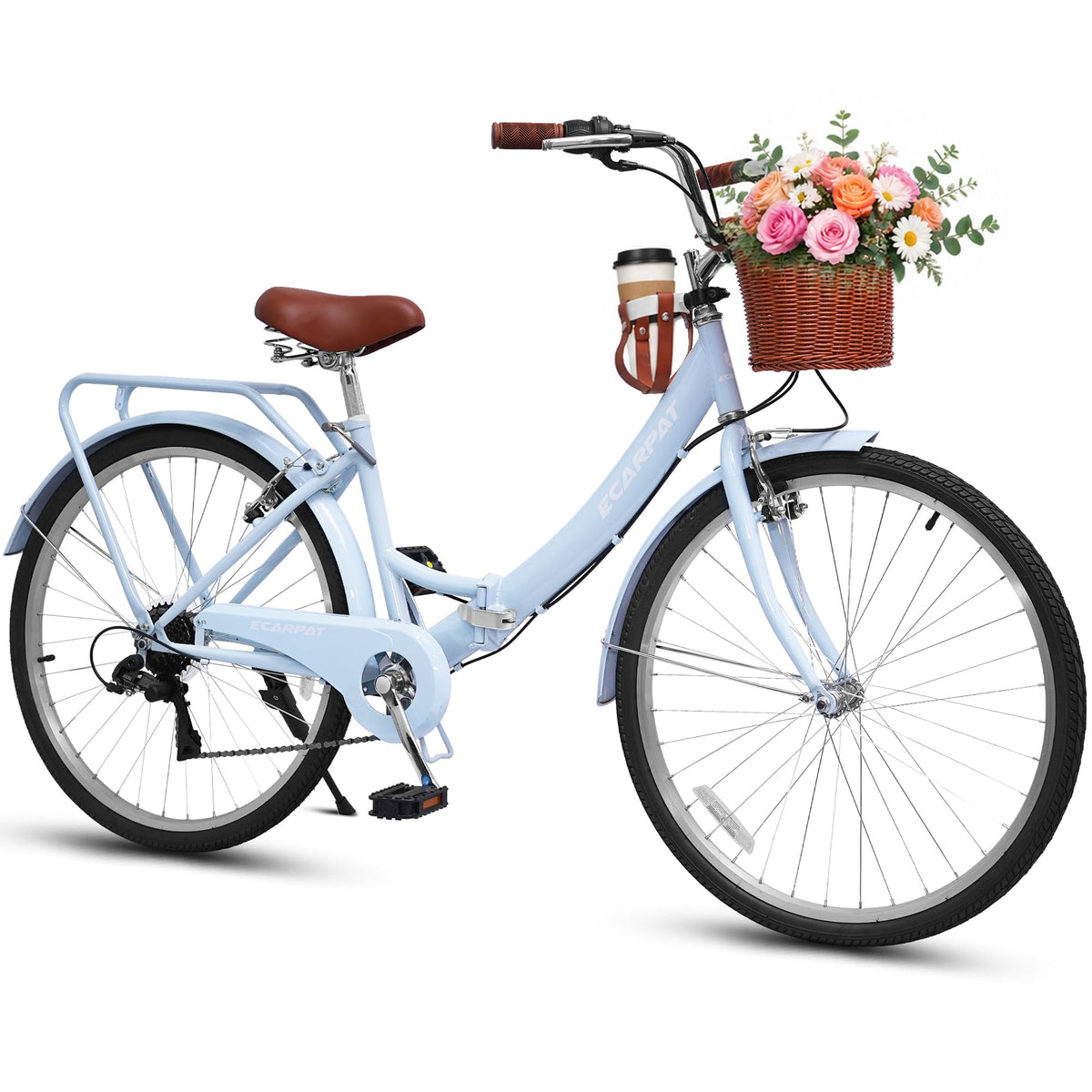 Ecarpat 26 Inch Folding Beach Cruiser Bike for Women, 7 Speed Comfortable City Bike with Rear Rack, Cup Holder and Basket, Steel Frame Commuter Foldable Bicycle with Dual V-Brakes for Adults