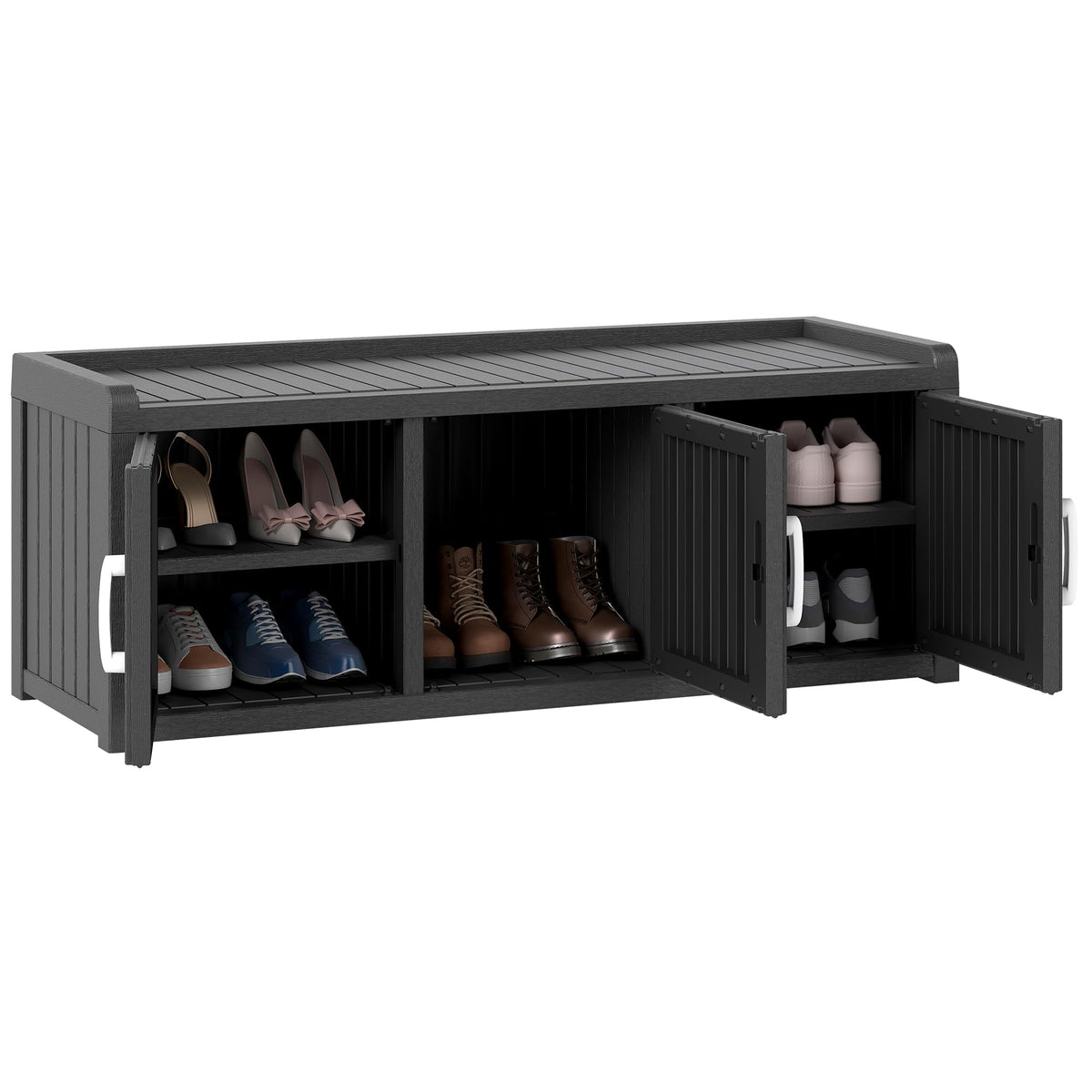 2-Tier Storage Bench, Waterproof UV-Resistant Outdoor Shoe Storage Cabinet with 2 Doors & Adjustable Shelves for Indoor Outdoor Entryway, Hallway, Living Room(Black)
