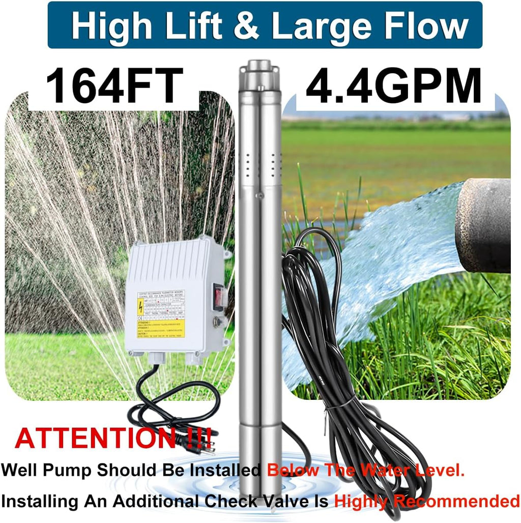 2" Deep Well Submersible Pump, 1/2 HP 110V Deep Well Pump with 33FT Cord