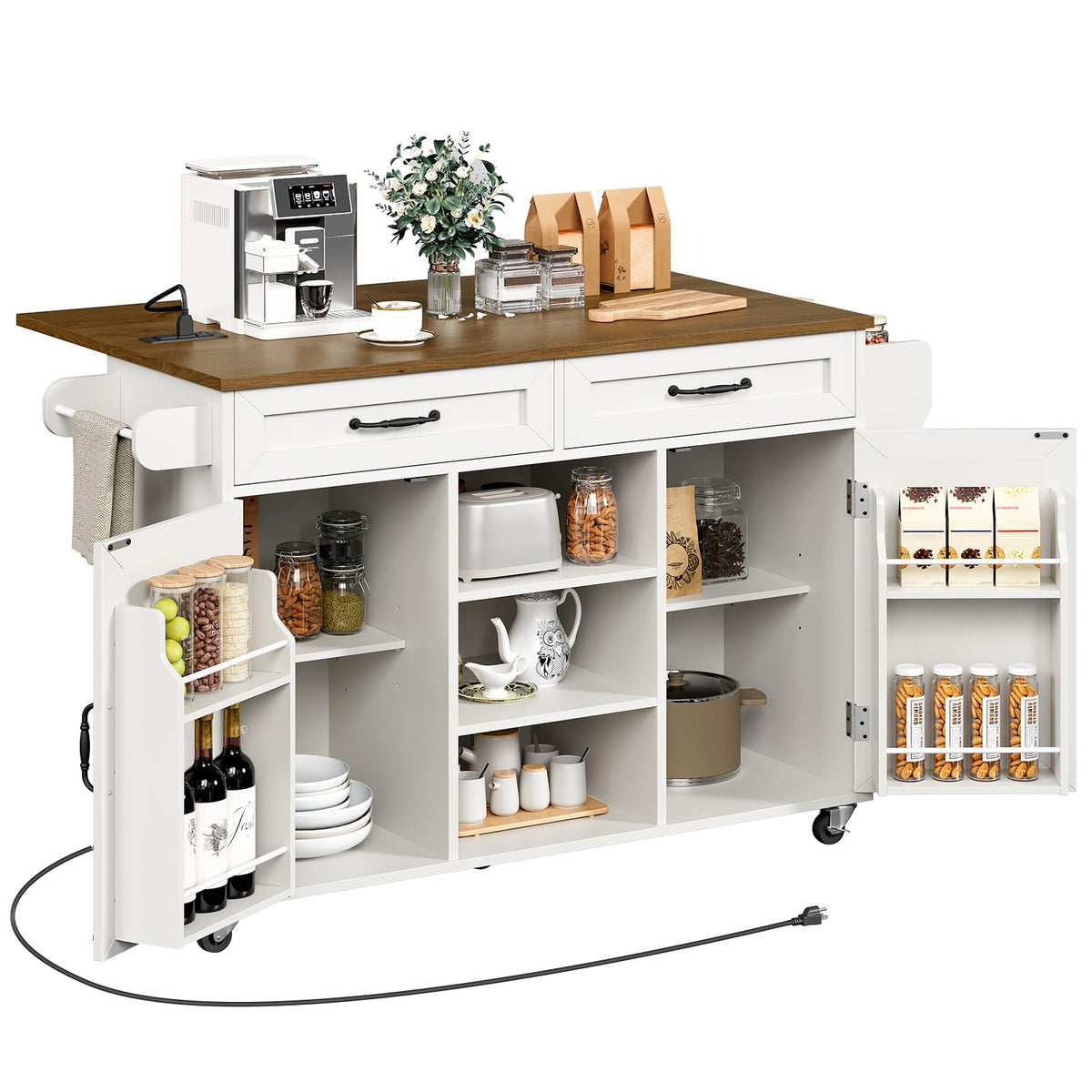 RALGEND Kitchen Island with Storage, Kitchen Rolling Island on Wheels with Power Outlet & Drop Leaf, Kitchen Island Cart with Drawer and Spice Rack, Mobile Island Table for Kitchen,White and Walnut