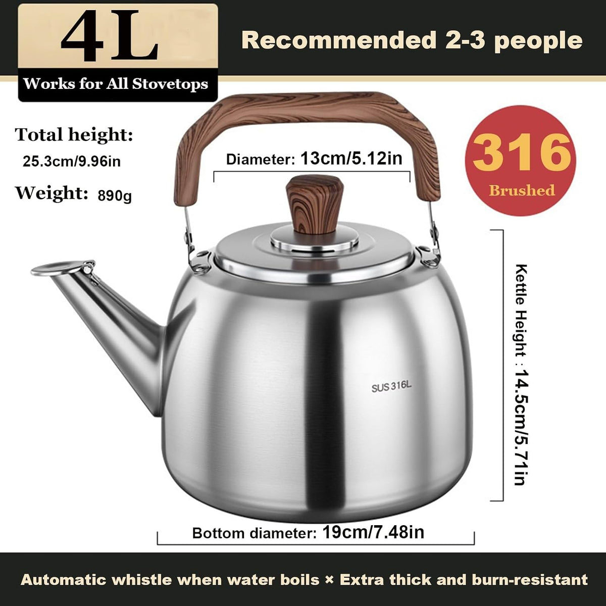 Food Grade 316 Stainless Steel Brushed Satin Teapot, Whistling Heavy Duty Tea Pot, Hot Water Fast to Boil, Seamless Bottom, Suitable for All Heat Sources(4L)