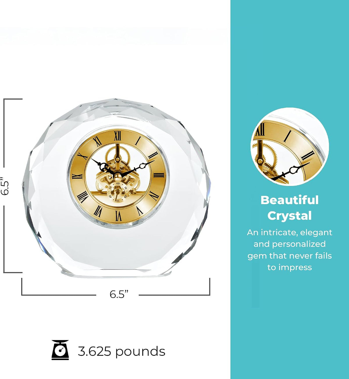 Engraved Clock Trophy - Gold Executive Crystal - Round Beveled Skeleton