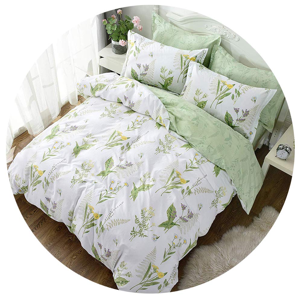 FADFAY Floral Duvet Cover Set 100% Cotton Green Striped and Beige Bedding White Flower Branches Print 600 TC Soft Reversible Zipper Bed Cover & 2 Pillowcases,King/Cal King(106x92)