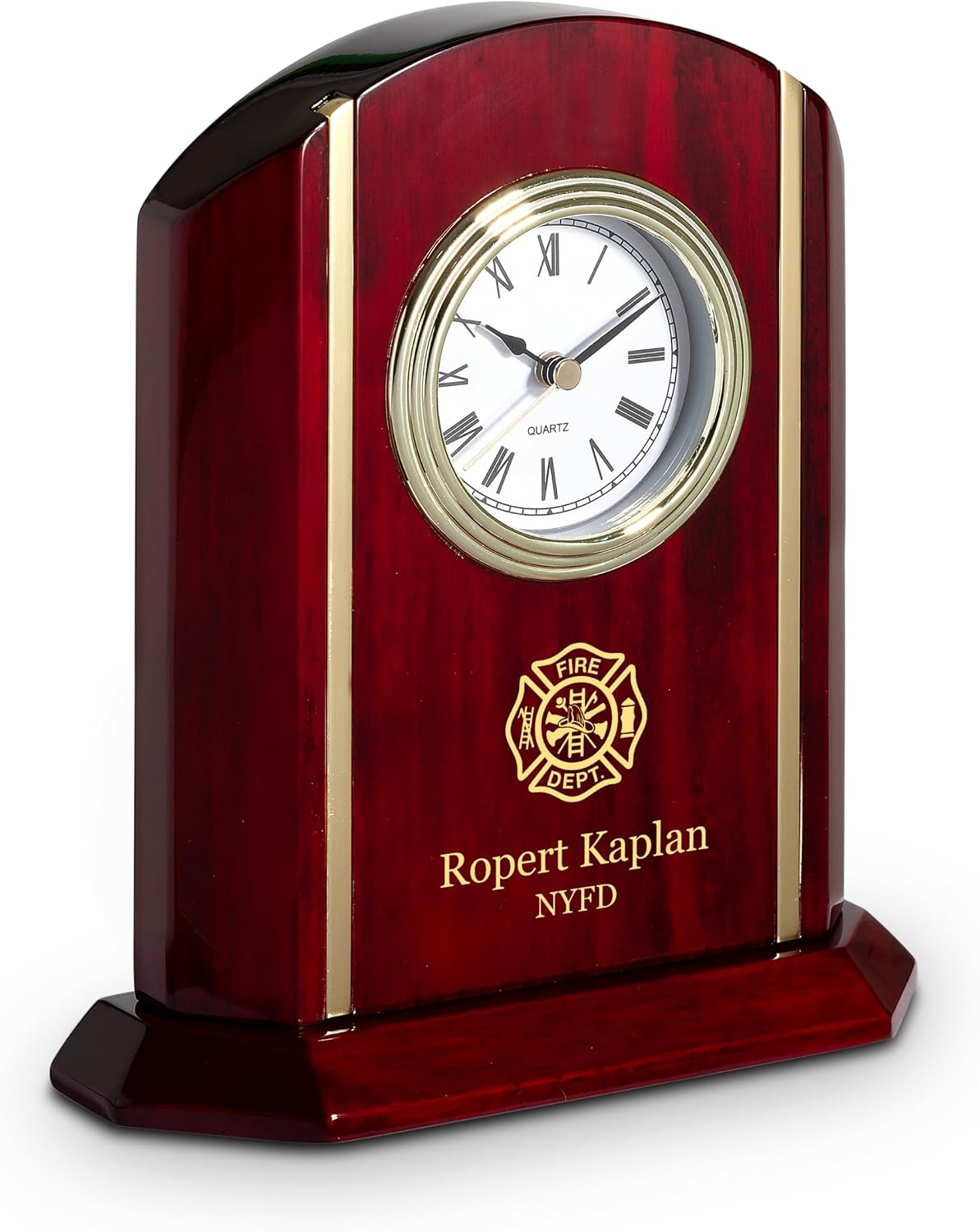 Executive Gift Shoppe | Elite Collection Firefighter Theme Personalized Rosewood Desk Clock with Gold Accents