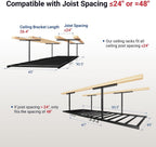 FLEXIMOUNTS 4x8 Overhead Garage Ceiling Storage Rack with 6 Hooks, Black