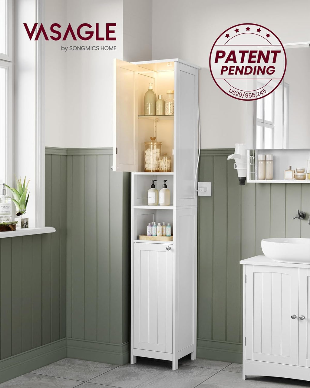 VASAGLE Tall Storage Cabinet with Lights, Slim, 11.8" W, Cloud White