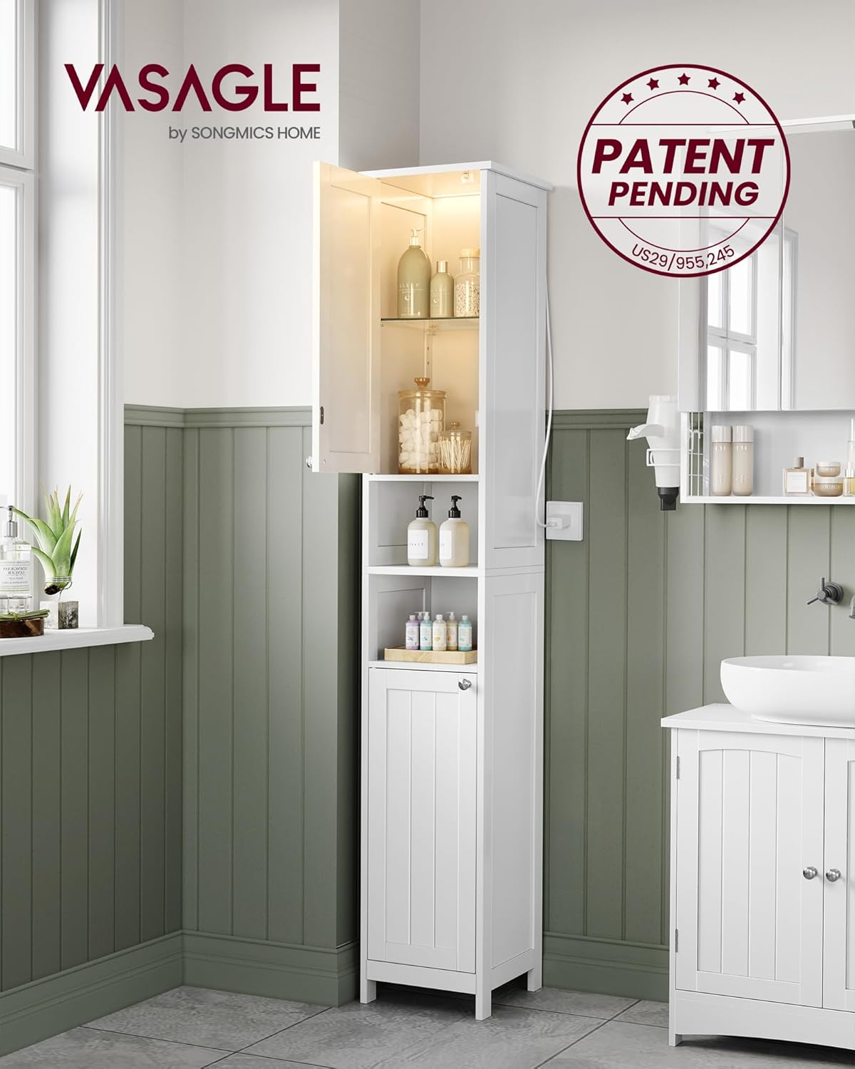 VASAGLE Tall Storage Cabinet with Lights, Slim, 11.8" W, Cloud White