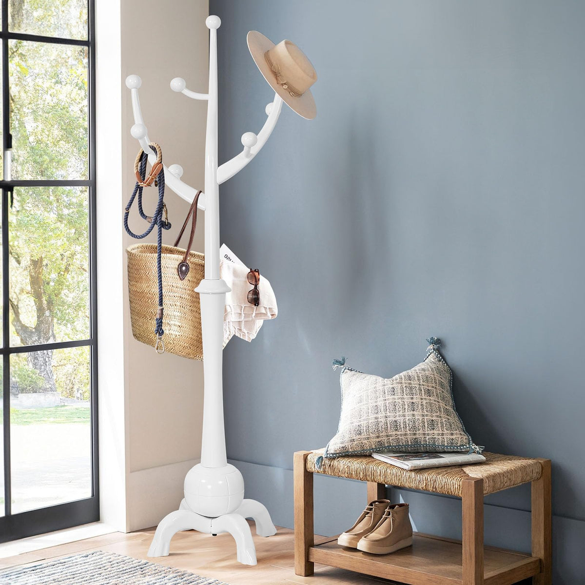 Bekrvio Coat Rack Freestanding Wood Coat Tree Rack with 8 Hooks, Walnut