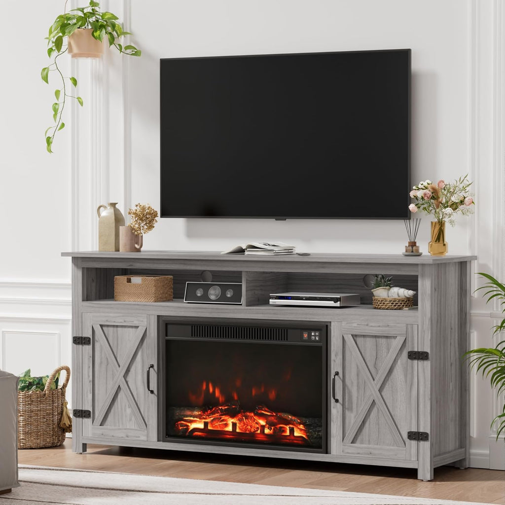 YESHOMY 58" Farmhouse TV Stand for TVs up to 65", Sliding Barn Doors, White