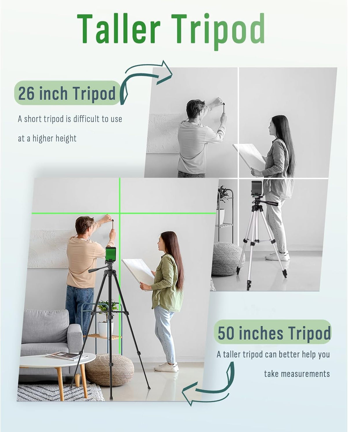 Laser Level with 50” Tripod, 360° Self Leveling Cross Line Laser Level, Green Beam Horizontal and Vertical Line leveler Tool for Hanging Pictures, Home Renovation with 4 AA Batteries & Carry Pouch