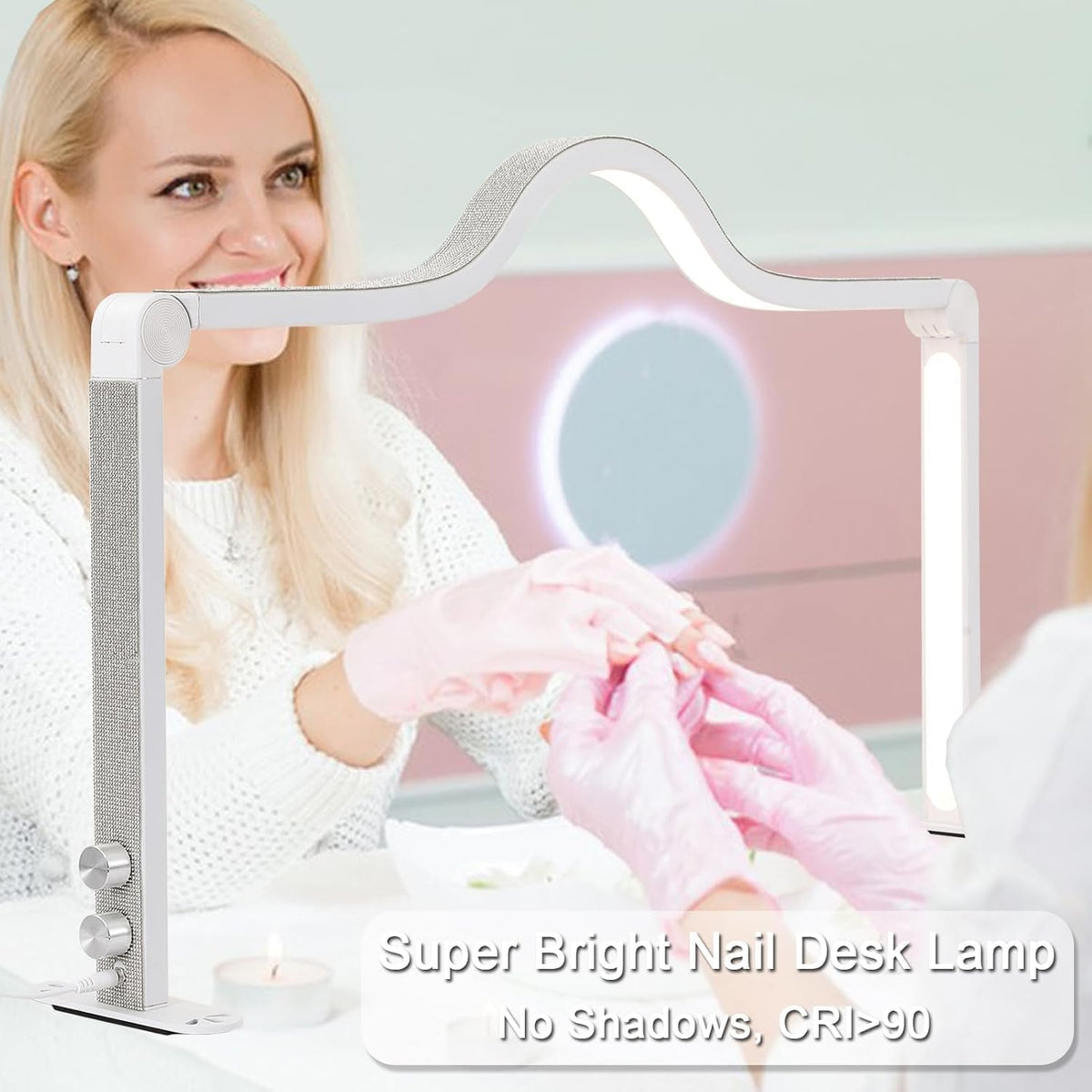 Half Moon Light for Nail Desk,35 in Half Moon Led Light for Table Nail,Foldable Nail Tech Lamp for Desk,3000-6000K Dimmable Half Moon Nail Light,for Eyelash Tech,Spa,Salon Lash Light, Pink