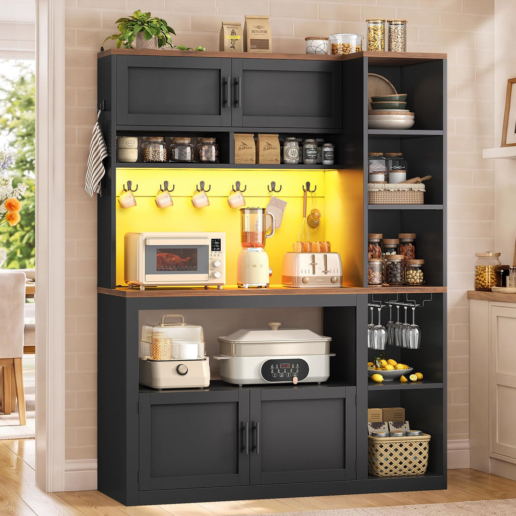 Itaar 35.4 inch Bakers Rack with Power Outlet and Storage, Farmhouse Coffee Bar Cabinet, Microwave Stand Kitchen Cabinet with Hutch, LED Lights, Wine Glass Holder and 8 Hooks，White