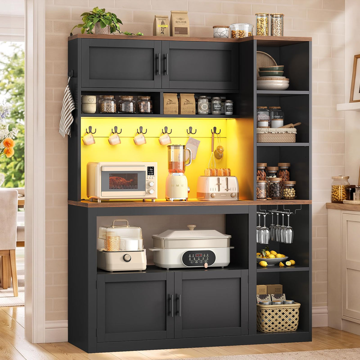 Itaar 35.4 inch Bakers Rack with Power Outlet and Storage, Farmhouse Coffee Bar Cabinet, Microwave Stand Kitchen Cabinet with Hutch, LED Lights, Wine Glass Holder and 8 Hooks，White