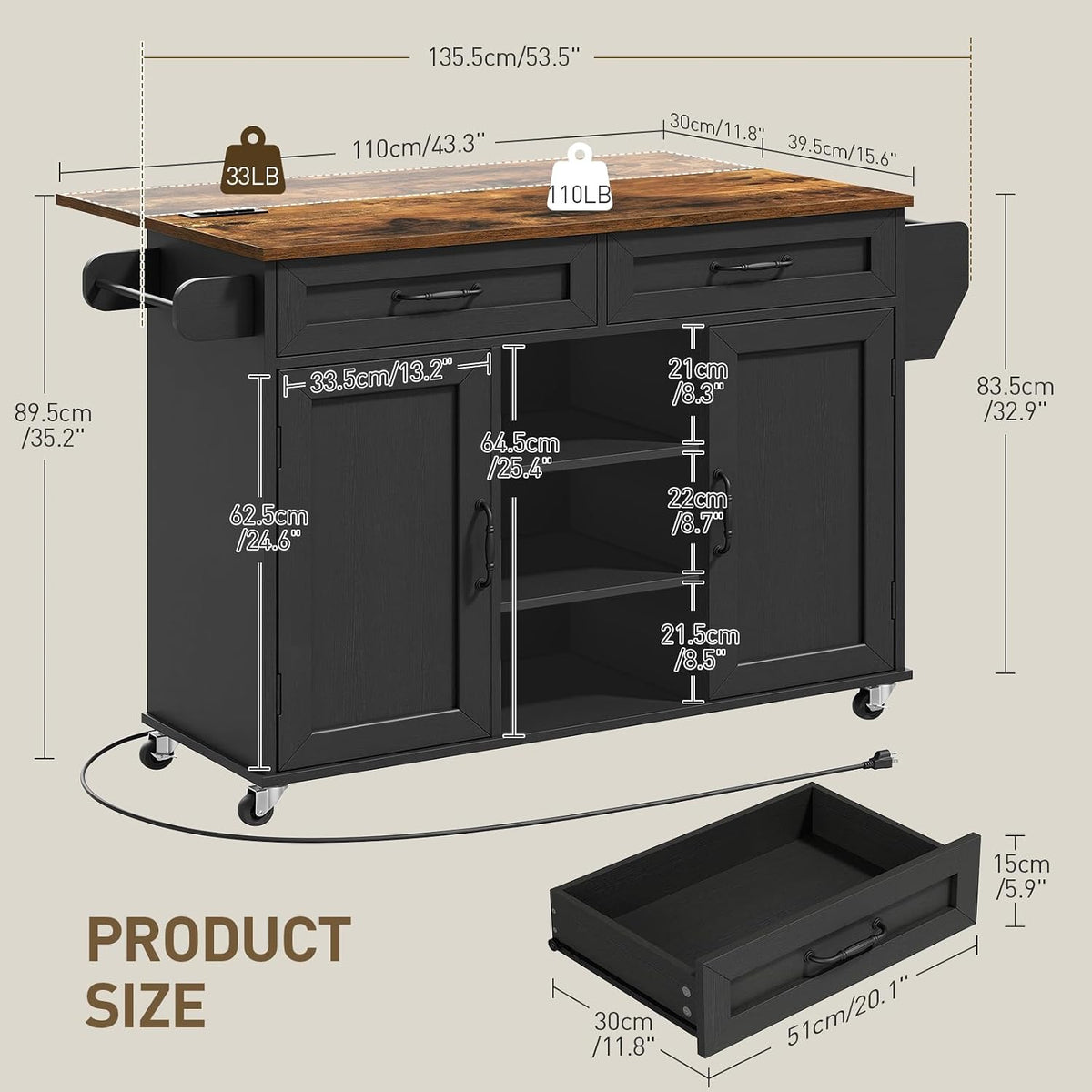 RALGEND Kitchen Island with Power Outlets & Drop Leaf, Kitchen Cart with Storage, Drawer and Spice Rack, Tower Rack, Island Table, Black and Rustic Brown