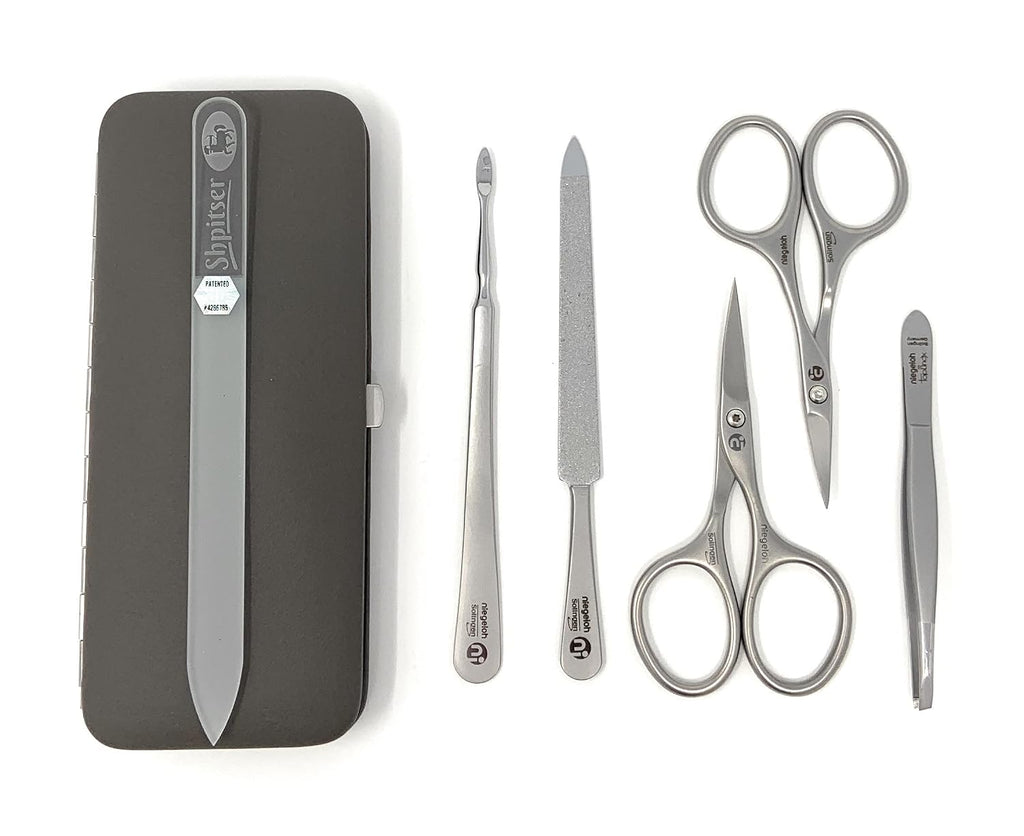 Niegeloh Solingen TopInox Surgical Stainless Steel Luxuries Manicure Set Grooming kit In Quality Nappa Leather Case Made in Germany Plus BONUS: SHPITSER Crystal Glass Nail File