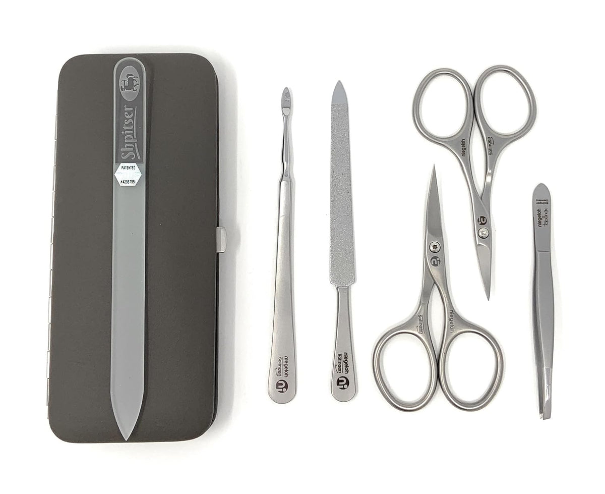 Niegeloh Solingen TopInox Surgical Stainless Steel Luxuries Manicure Set Grooming kit In Quality Nappa Leather Case Made in Germany Plus BONUS: SHPITSER Crystal Glass Nail File