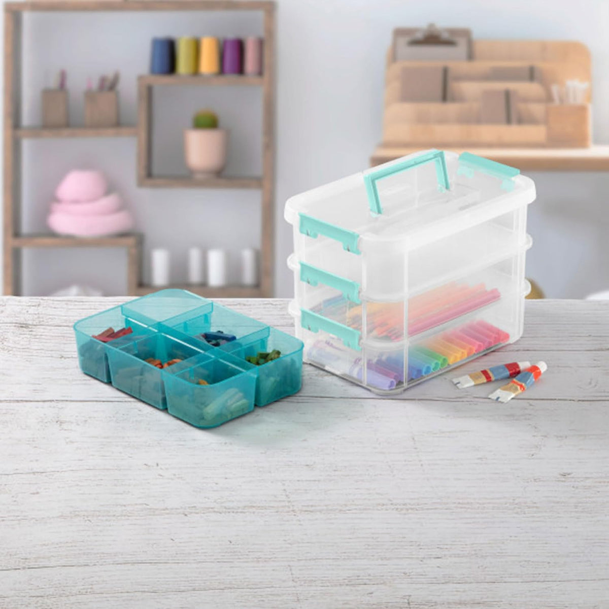 Sterilite Stack & Carry Storage Box, 3 Layer Clear Plastic Tote, 12-Pack