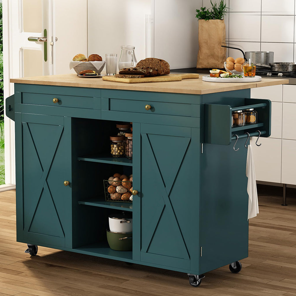 HLR Farmhouse Kitchen Island On Wheels, Teal Green
