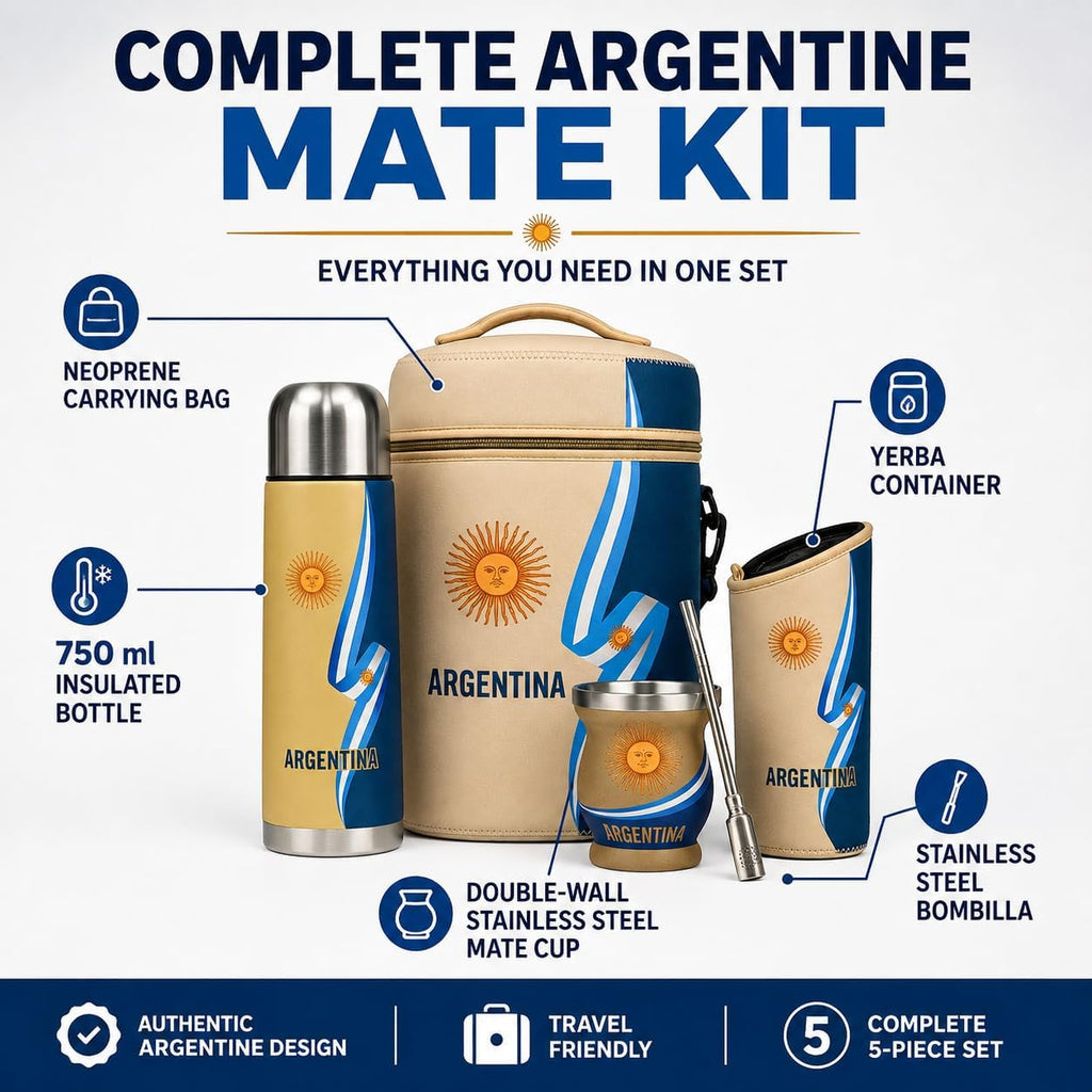 Argentine Yerba Mate Kit – Premium Stainless Steel Mate Cup & Bombilla Set with 750ml Vacuum Insulated Bottle, Yerba Container & Neoprene Bag – Authentic Argentine Design