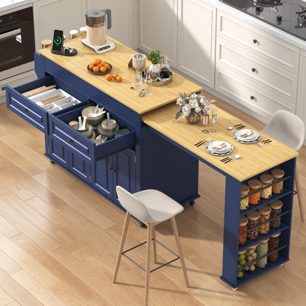 80"-48" Extendable Kitchen Island with Extended Dining Table and Power Outlet,Large Mobile Kitchen Storage Islands with 2 Storage Drawers,Rolling Islands Cart with 3 Extra Rows Open Shelves(Marble Bl)