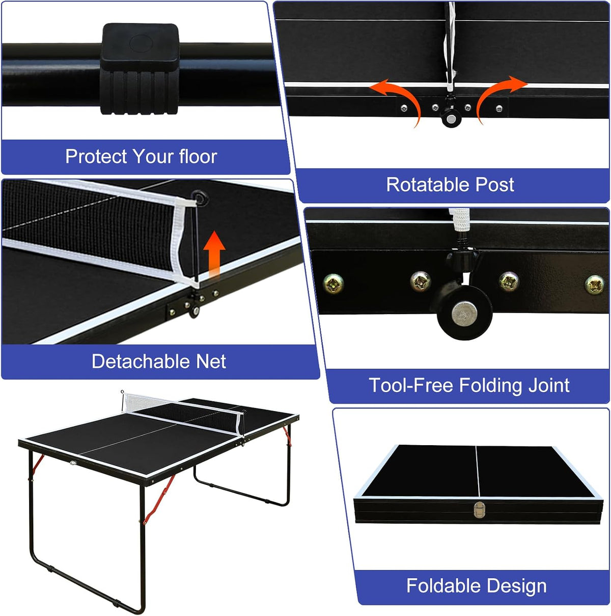 4.5/6ft/9ft Mid-Size Portable Ping Pong Tables Set, Foldable Table Tennis Table with Net,2 Paddles & 3 Balls, Multi-Use Free Standing Ping Pong Table for Indoor/Outdoor