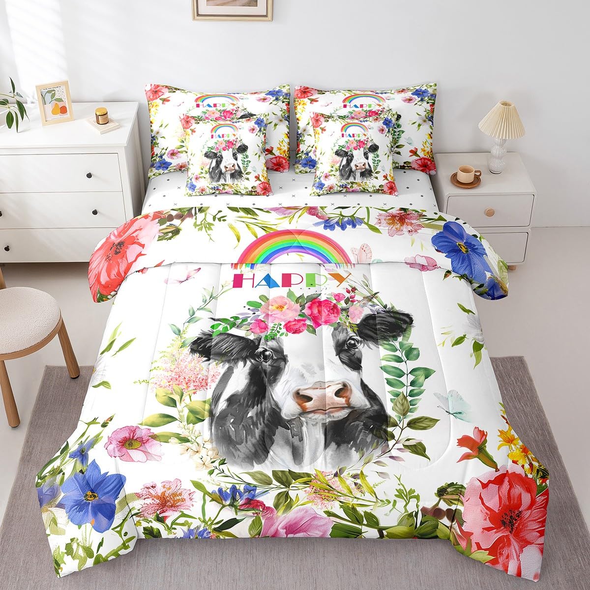 Erosebridal Brown Cow Print King Comforter Set 7 Piece, Simulated Black Cowhide Western Farmhouse Bedding Sets with Sheets, Rustic Highland Cow Skin Bed in a Bag with Fitted Flat Sheet, Pillowcases
