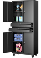 SISESOL 75" Tall Metal Storage Cabinet with Wheels,Rolling Garage Storage Cabinet with Lock,Black Metal Cabinets with Wheels and Shelves,Deep Heavy Duty Tool Locker for Garage,Home,Office,Shop