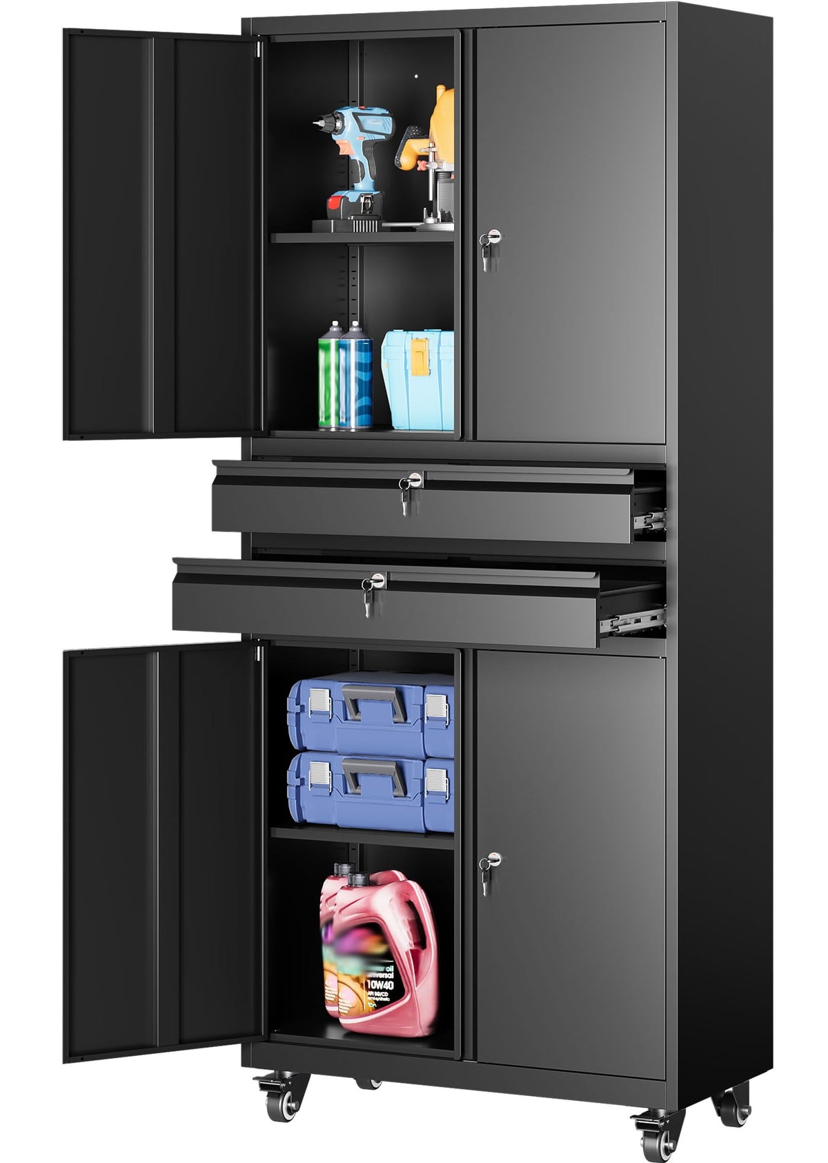 SISESOL 75" Tall Metal Storage Cabinet with Wheels,Rolling Garage Storage Cabinet with Lock,Black Metal Cabinets with Wheels and Shelves,Deep Heavy Duty Tool Locker for Garage,Home,Office,Shop
