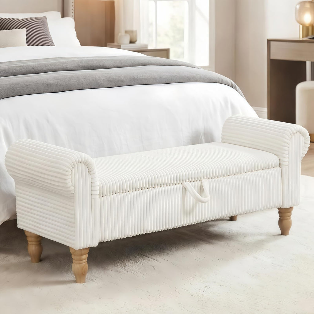 55" End of Bed Bench, Upholstered Bench with Storage, Queen, Beige