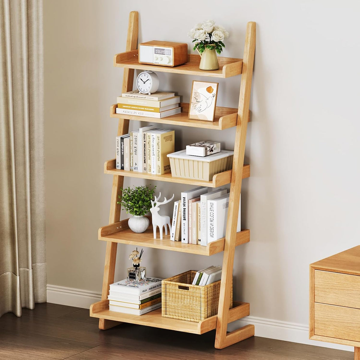 Uniclinens Natural Wooden Ladder Shelf, 5-Tier Ladder Bookshelf, Ladder Shelf Bookcase for Compact Spaces, Wooden Bookshel for Living Room, Bedroom, Home Office,(23.6''Dx15.7''Wx55.1''H)
