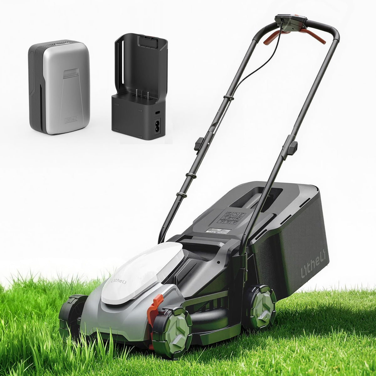 Litheli 14 Inch Cordless Lawn Mower, Lightweight Push Mower with 5.0Ah Battery and Smart Charger, Brushless Motor Lawnmower, 5-Position Height Adjustment (1-2.5 in) for up to 3000 Sq. Ft