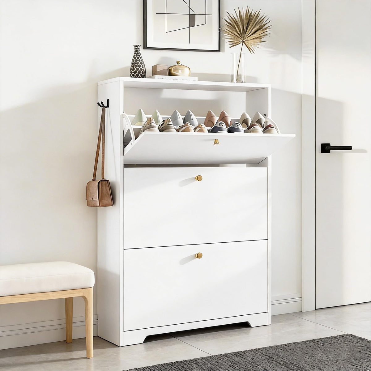 Nicetree Shoe Cabinet with 3 Flip Drawers, Narrow Shoe Organizer Cabinet, Freestanding Shoe Rack Cabinet, Modern Shoe Storage Cabinet for Entryway, Hallway, Foyer, White