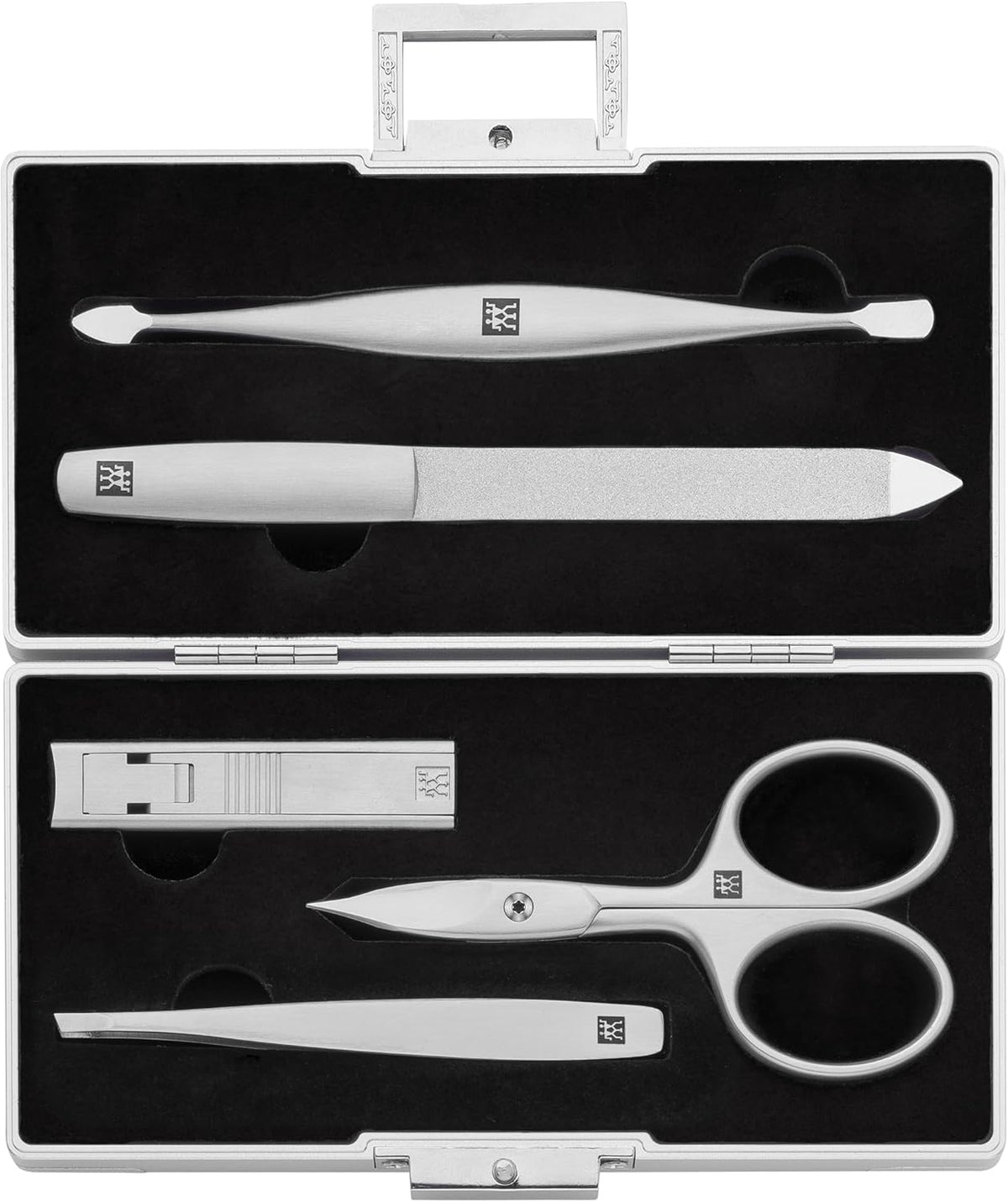 ZWILLING Beauty Premium 5-pc Manicure Set, Aluminum Case for Nail Care and Pedicure, Black Velvet Inlay with Compact Nail Clipper