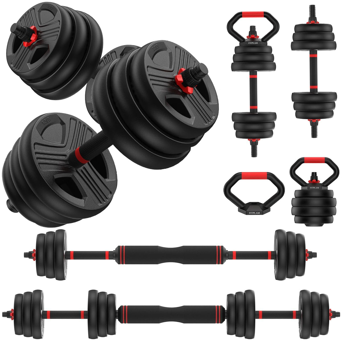 Adjustable dumbbell set,20/35/45/55/70/90lbs Free Weights set with upgraded nut, 5 in 1 Weight Set Used as Kettlebells, Barbell, Push up Stand, Fitness Exercise for Home Gym Suitable Men/Women