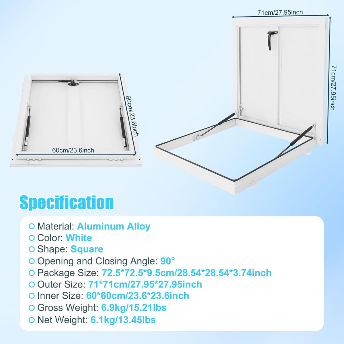 Roof Hatch 27.95" L X 27.95" W Roof Security Door Aluminum Alloy Attic Door, White Deck Installation Roof Window for Home Warehouses Hotels