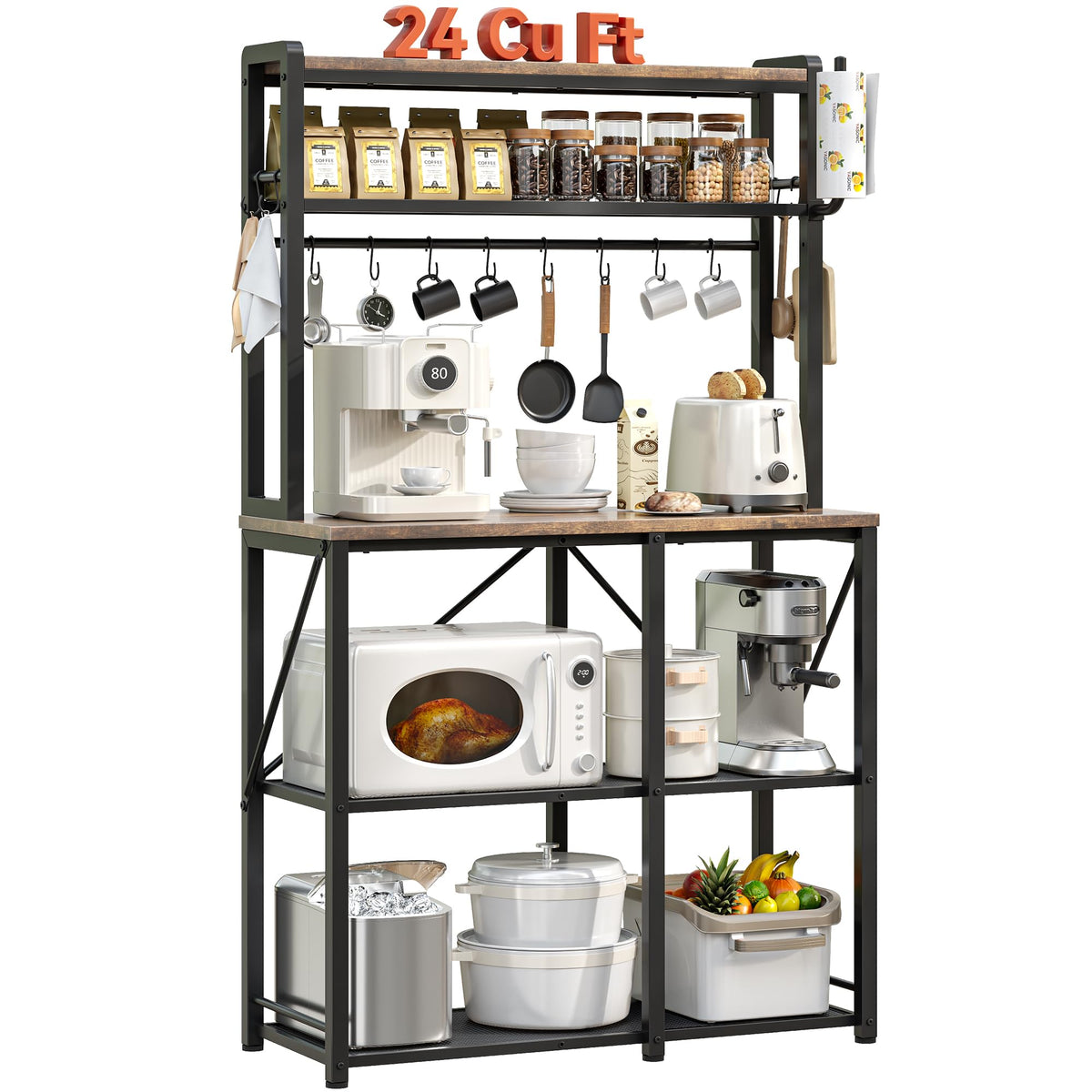 YASONIC Coffee Bar, Bakers Rack with Storage, 25.6 Inches Microwave Stand, 5 Tier Kitchen Shelves Appliance Storage, 12 S Hooks Large Coffee Station for Spices, Pots and Pans, Rustic Brown