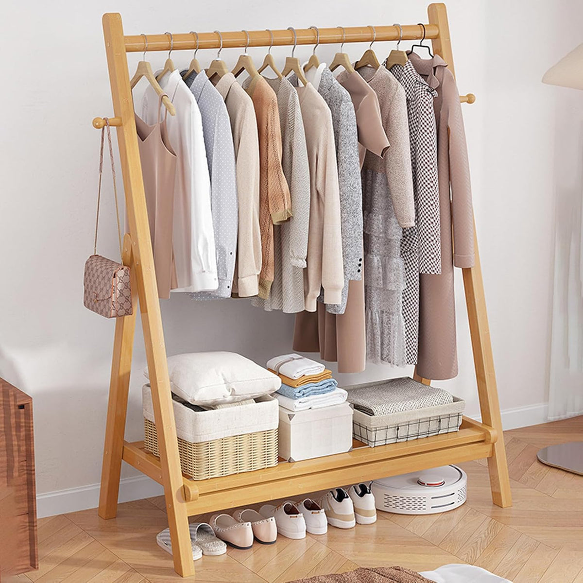 Unique Coat Rack Stand, Bamboo Clothing Rack Foldable Clothes Hanging Stand with Storage Shelf for Laundry, Guest Room, Apartment, Entryway