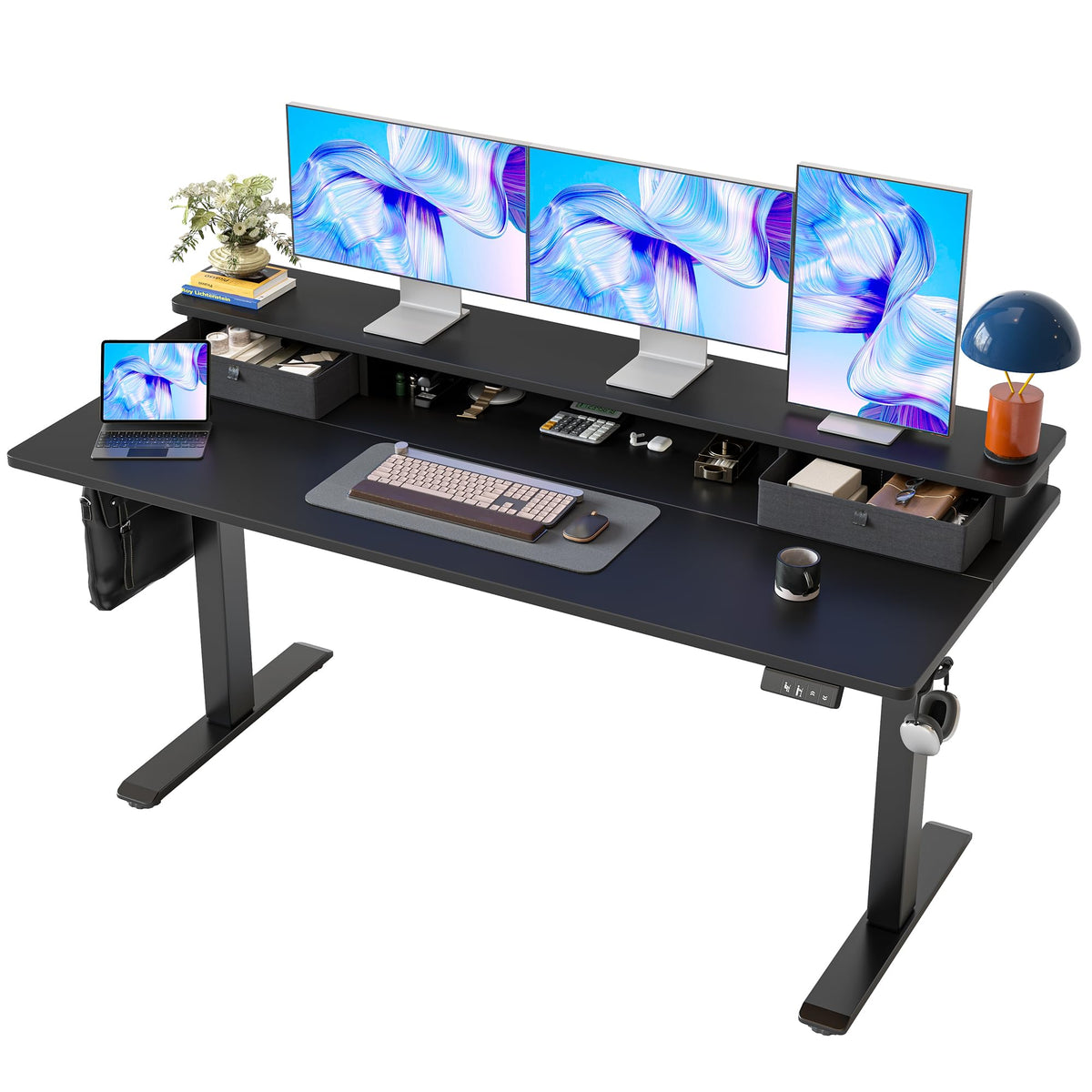 TIQLAB Standing Desk with Two Drawers, Stand Up Standing Desk Adjustable Height, Electric Sit Stand Table with Storage Shelf and Splice Board, with LED Light, 55 * 28 inch, Maple