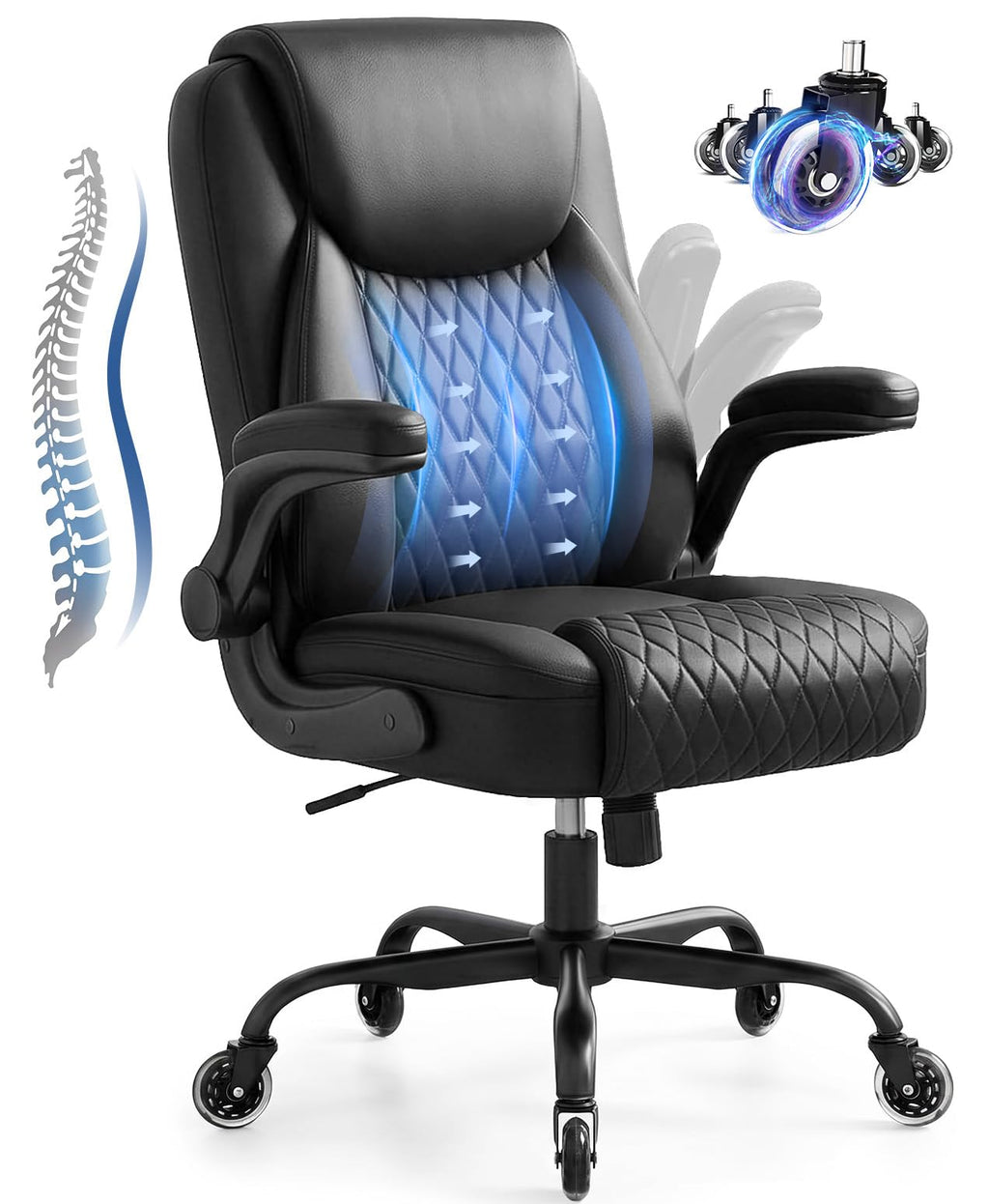 GTPOFFICE Executive Office Chair with Comfortable Lumbar Support, Ergonomic Gaming Chair with Flip-up Armrests & Zoned Pressure-Relief Cushion, Comfy PU Leather Desk Chair, Black