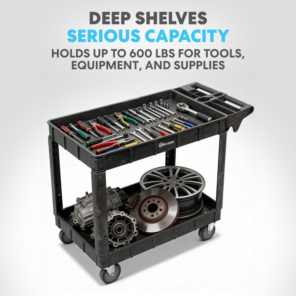 Simpli-Magic Rolling Utility Cart on Wheels, Heavy Duty with Ergonomic Handle, Deep Shelves for Garage, Warehouse, Workshop, 600-Pound Capacity, 40x33x17-Inch, Steel, Black