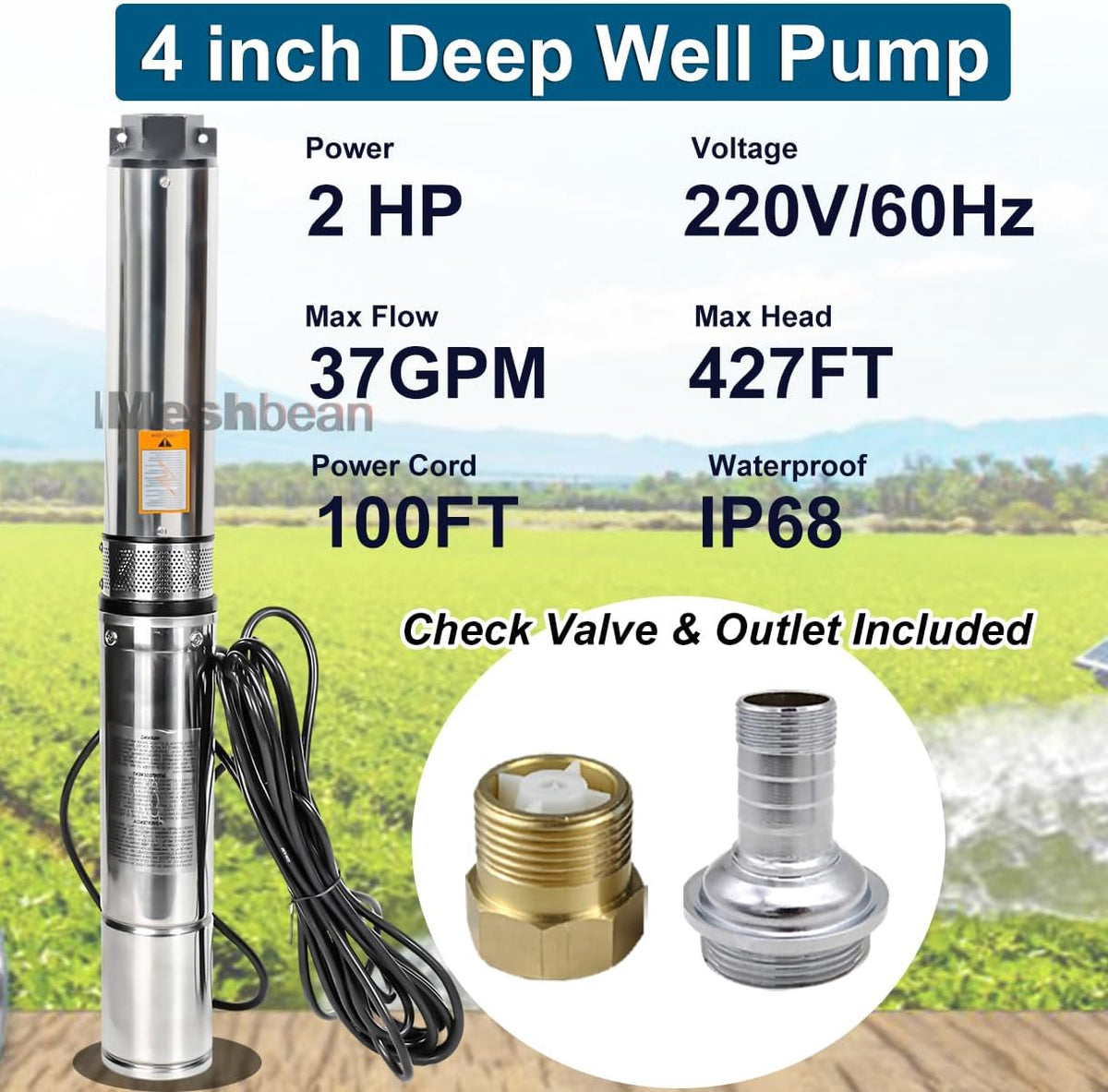 Deep Well Submersible Pump with 100FT Power Cord, 2HP 230V Deep Well Pump Submersible Water Pump for Industrial Irrigation and Home, 37GPM,427FT Lift,Long Life,4" OD