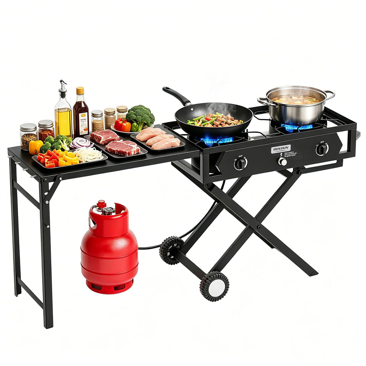 ROVSUN 2 Burner Gas Stove with Side Shelves, 150,000 BTU Portable Propane Stove with Removable Legs, Wind Panels & Regulator for Camping Home Backyard Cooking Brewing Canning Turkey Frying