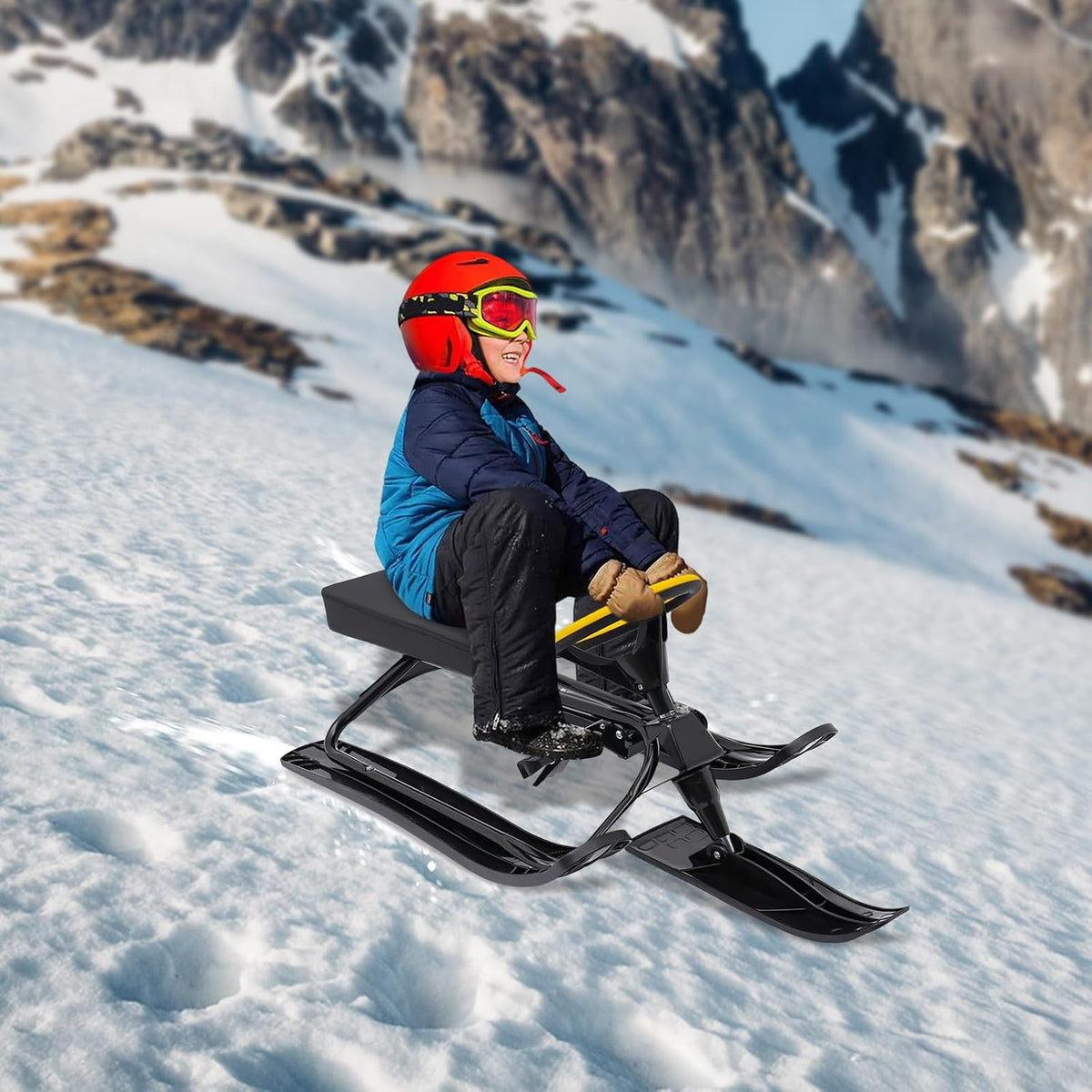 Snow Racer Sled with Steering Wheel and Brakes, Durable Steel Frame, Downhill Steerable Sled for 220 LBS Kids, Teenagers, Adults