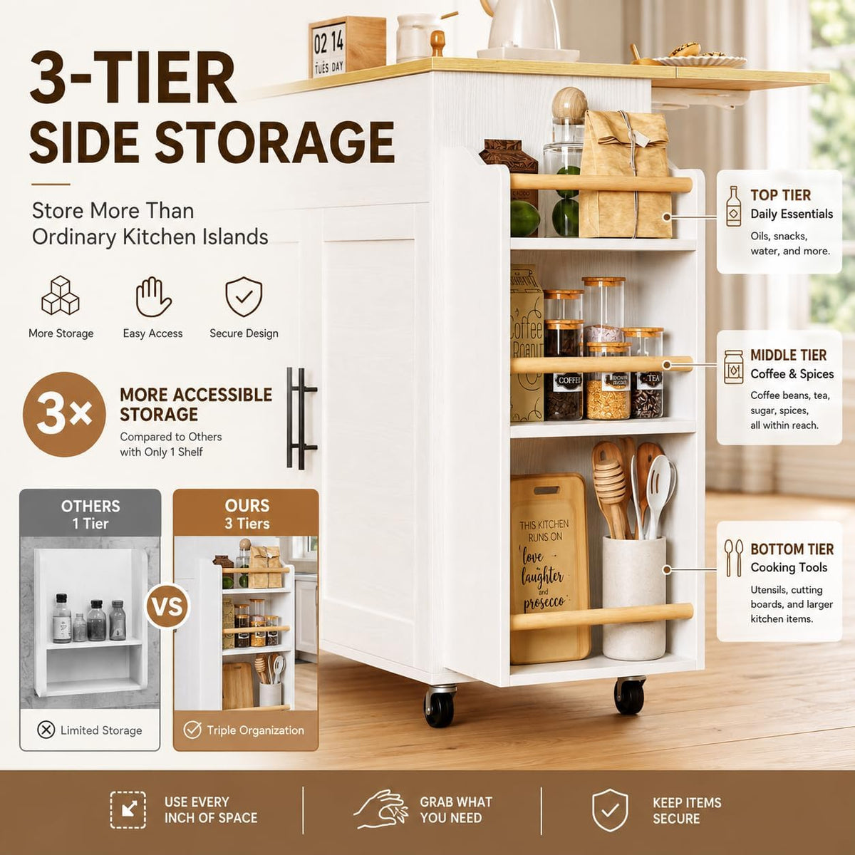 IRONCK Kitchen Island with Power Outlet, 3-Tier Side Storage Rack, White
