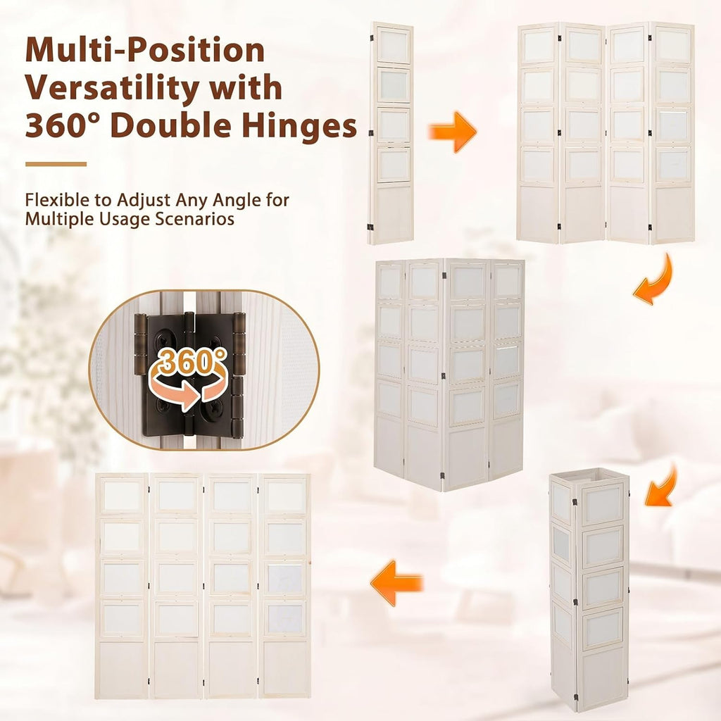 4 Panel Photo Room Divider, Folding Privacy Screen Decorative, White